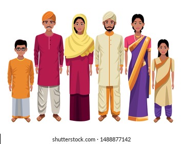 indian asian religion oriental culture, traditional family parents, mothers and fathers with children cartoon vector illustration graphic design