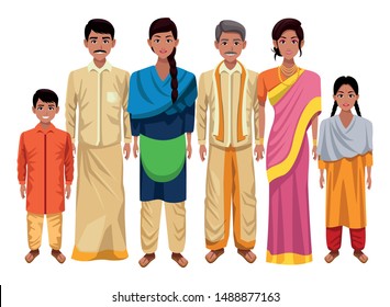 indian asian religion oriental culture, traditional family parents, mothers and fathers with children cartoon vector illustration graphic design