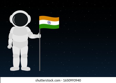 Indian astronaut hold flag of India. Cartoon style. Vector illustration.