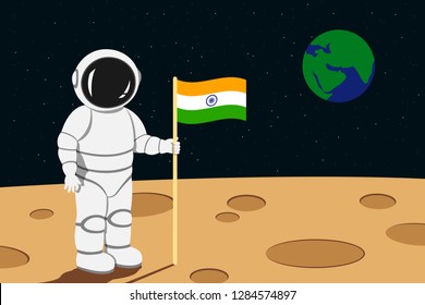 Indian astronaut lending on moon and hold flag of India in his hand. Vector illustration.