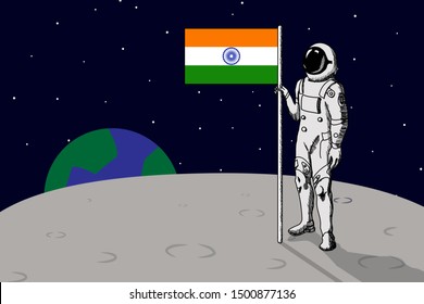 Indian astronaut lending on moon and hold flag of India in his hand. Vector illustration