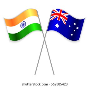 Indian and Australian crossed flags. India combined with Australia isolated on white. Language learning, international business or travel concept.