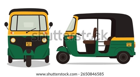 Indian auto rickshaw showing front and side views. Traditional three-wheeled vehicle vector illustration.