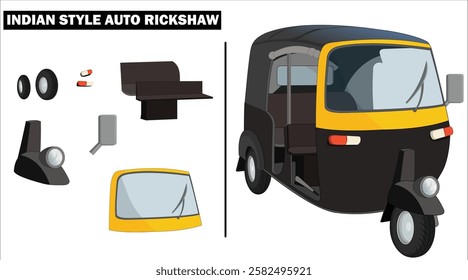 Indian Auto Rikshaw Vector Illustration, tuk tuk drawing, CNG auto rikshaw, Indian three wheeler taxi, Auto rickshaw front view and side view, Illustration of Auto Ricksha vector art