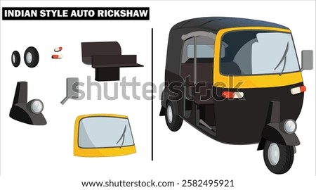 Indian Auto Rikshaw Vector Illustration, tuk tuk drawing, CNG auto rikshaw, Indian three wheeler taxi, Auto rickshaw front view and side view, Illustration of Auto Ricksha vector art