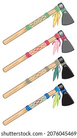 Indian Axe Vector Illustration. Hatchet Axe With Feathers And Beads Isolated On A White Background
