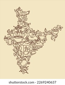 Indische Ayurveda-Doodle-Stil, Kräuter, Steine, Öl, Gewürze, Aromatherapie, Handtuch. Auyrveda-Konzept für Gesundheitsversorgung und Behandlung für Ihr Design in indischer Karte