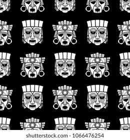 Indian aztec and african historic tribal vodoo mask black white seamless pattern. Vector illustration