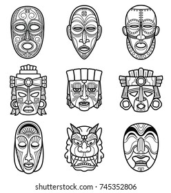 Indian Aztec And African Historic Tribal Mask Set. Native Face Masks Vector Illustration