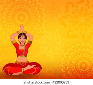 Indian background with meditation and mandalas. Woman sitting in lotus pose. It can be used for touristic banner.