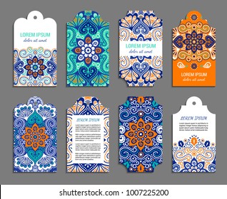 Indian badge set with bright colorful mehendi style ornament. Ethnic ornamental label. Oriental tag design concept. Eastern collection. EPS 10 vector. Clipping masks.