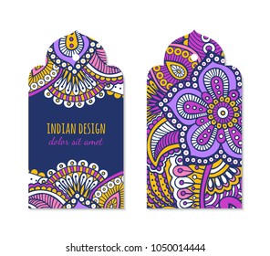 Indian badge set with bright colorful mehendi style ornament. Ethnic arabian ornamental label. Oriental tag design concept. Asian brochure template. Eastern collection. EPS 10 vector. 