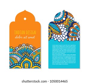 Indian badge set with bright colorful mehendi style ornament. Ethnic arabian ornamental label. Oriental tag design concept. Asian brochure template. Eastern collection. EPS 10 vector. 