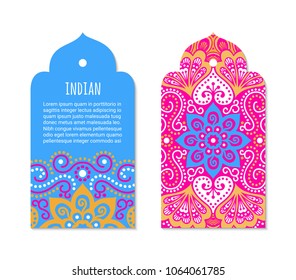 Indian badge set with bright colorful mehendi mandala ornament. Ethnic arabian ornamental label. Oriental tag design concept. Asian brochure template. Eastern style. EPS 10 vector. 