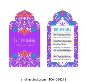 Indian badge set with bright colorful mehendi mandala ornament. Ethnic arabian ornamental label. Oriental tag design concept. Asian brochure template. Eastern style. EPS 10 vector. 