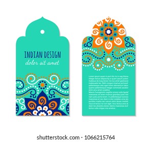 Indian badge set with bright colorful mehendi mandala ornament. Ethnic arabian ornamental label. Oriental tag design concept. Asian brochure template. Eastern style. EPS 10 vector. 