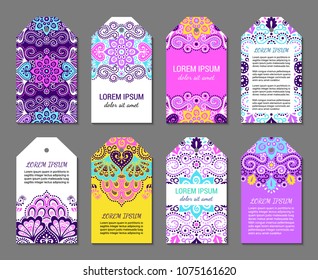 Indian badge set with bright colorful mehendi style ornament. Ethnic ornamental label. Oriental tag design concept. Eastern collection. EPS 10 vector. Clipping masks.