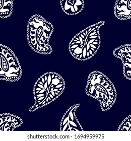 Indian bandana print. Abstract pattern with paisley elements. Man fashion textile collection. White on dark blue background.
