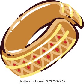 Indian bangle bracelet icon. Wide golden bangle with textured surface, carved pattern, glossy highlights, traditional jewelry detail. Bangle travel symbol, cartoon doodle vector illustration