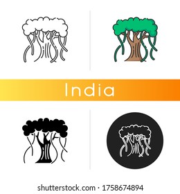 Indian banyan icon. National Indian evergreen tree with wide crown. Symbol of eternal life and unity. Upside down tree. Linear black and RGB color styles. Isolated vector illustrations
