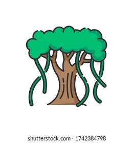 Indian banyan RGB color icon. National Indian evergreen tree with wide crown. Symbol of eternal life and unity. Upside down tree. Asian flora. Indian nature. Isolated vector illustration