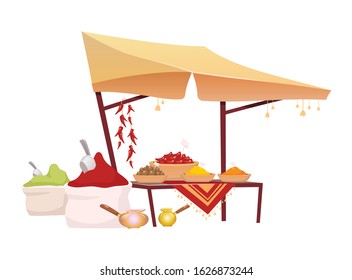 Indian bazaar tent with spices cartoon vector illustration. Eastern market awning with exotic seasoning, traditional herbs flat color object. Oriental canopy isolated on white background