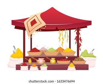 Indian Bazaar Tent With Spices Cartoon Vector Illustration. Thailand Market Awning With Exotic Seasoning, Traditional Herbs Flat Color Object. Oriental Canopy Isolated On White Background