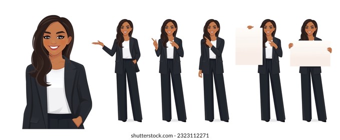 Indian beautiful business woman in different poses set. Various gestures pointing, showing, standing, holding empty blank board isolated vector illustration