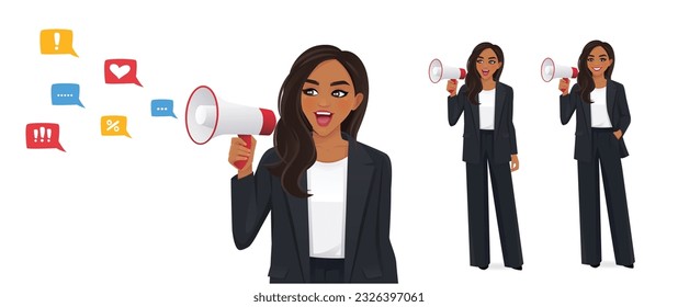 Indian beautiful business woman standing with megaphone and shouting vector illustration isolated