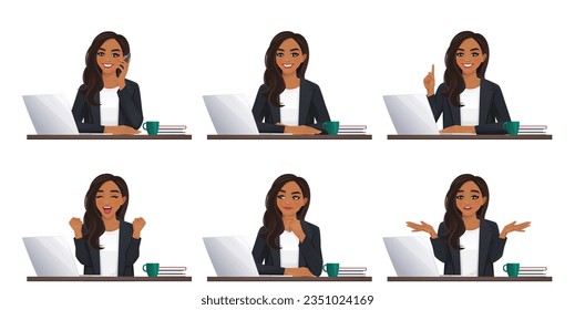 Indian beautiful business woman using laptop computer sitting at the desk set isolated vector illustration