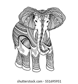 Indian beautiful elephant in zentangle ornament asian style. Ornate elephant in doodle design for antistress coloring pages print, cards, invitations, t-shirt.Hand drawn vector illustration