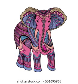 Indian beautiful elephant in zentangle ornament asian style. Ornate elephant in color stylized design for antistress coloring pages print, cards, invitations, t-shirt.Hand drawn vector illustration