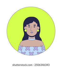 Indische schöne Frau in Kleid und Ohrringe 2D lineare Vektor Avatar Illustration. Südasiatische weibliche Sommerkleidung Cartoon Charakter Gesicht Porträt. Gelegentlich flache Farbe Benutzerprofil Bild isoliert