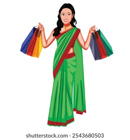 Indian Beautiful Woman Is Holding Shopping Bags In Her Hands Vector Illustration (Royalty Free)