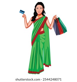 Indian Beautiful Woman Is Holding Shopping Bags And Credit Card Vector Illustration (Royalty Free)