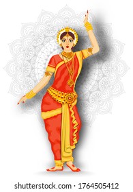 Indian Beautiful Woman Performing Bharatanatyam Dance on White Mandala Pattern Background.