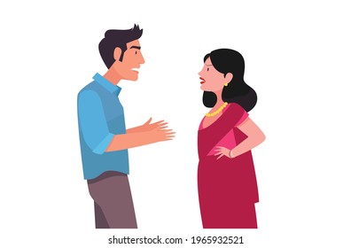 Indian Bengali angry couple fighting and shouting at each other Vector illustration isolated on white background