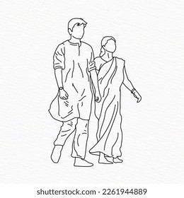 Indian Bengali Couple walking on road wearing Panjabi and Sharee line art illustration