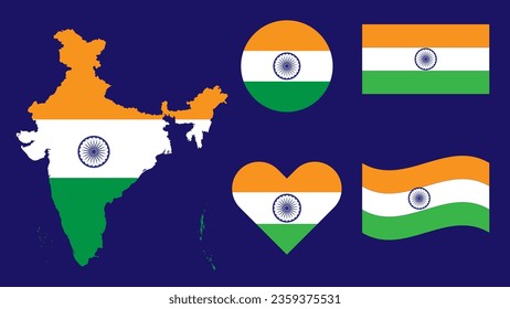 Indische Bharat-Flagge, eingebettet auf indischer Karte , Kreis , Herzsymbol und rechteckige Vektorgrafik