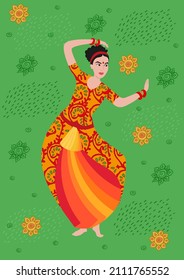 Indian Bharatanatyam dancer in a classical Indian dance pose. Indian woman in red and yellow traditional clothes on green background with Indian ethnic elements