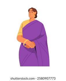 Indian with bindi wearing traditional clothes, sari. Adult woman, Hindu with jewelry, earrings of Hindi culture. Portrait of lady in saree from India. Flat isolated vector illustration on white