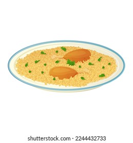 Indian Biryani with chicken dish. Asian food illustration isolated on white in cartoon style