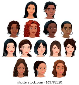 Indian, black, asian and latino women. Vector isolated avatars.