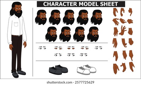 Indian Black Old Man with Black Beard Sprite Sheet | Rigged 2D Character with Lip Sync, Walk Cycle, Eye Blink, Eyebrow Expressions, and Hand Sync | Ready-to-Use for Animation