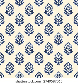 Indian block print seamless pattern with small ikat floral motifs arranged in neat grid on warm cream background traditional hand carved woodblock textile design.