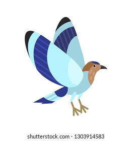 Indian blue roller isolated on white background. Gorgeous exotic tropical bird with bright colored plumage. Cute birdie. Avian species. Modern colorful vector illustration in flat geometric style.