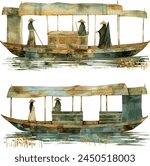 Indian boat man working. rowing on canal boat, vector illustration. Set of Vietnam Junk (ship).