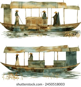 Indian boat man working. rowing on canal boat, vector illustration. Set of Vietnam Junk (ship).