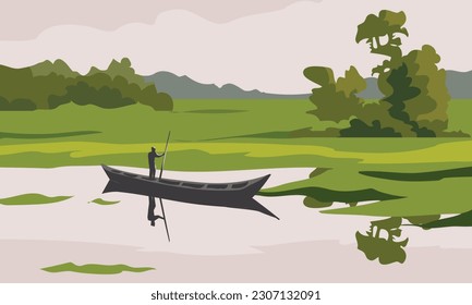 Indian boatman rowing with a canal boat