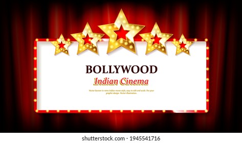 Indian bollywood cinema vector sign board. Illuminated banner bollywood movie film illustration